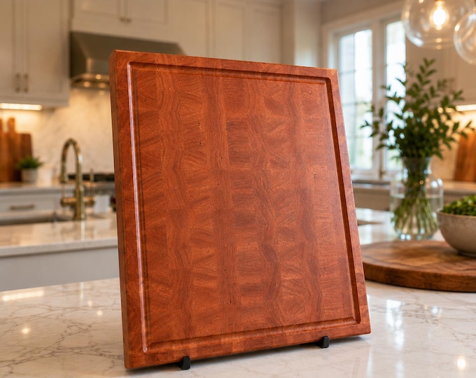 Large End Grain Cherry Cutting Board, Handmade Butcher Block, Wooden Chopping Board with Juice Groove, Luxury Kitchen Gift