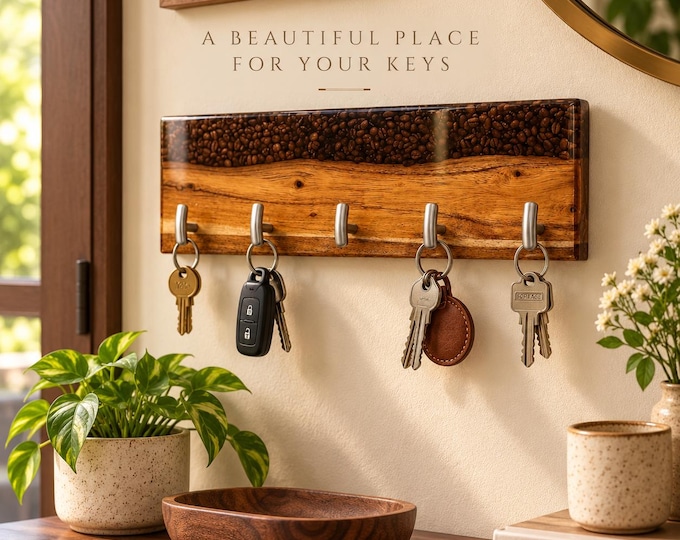 Coffee Bean Key Holder, Handmade Wood & Clear Epoxy Resin Wall Rack, Entryway Organizer, Coffee Lover Gift