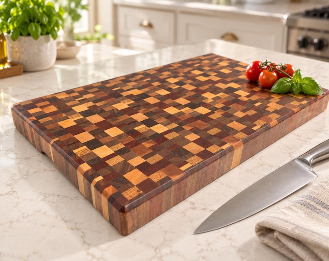 Chaotic End Grain Cutting Board, Exotic Hardwood Mosaic, 1.75-Inch Butcher Block