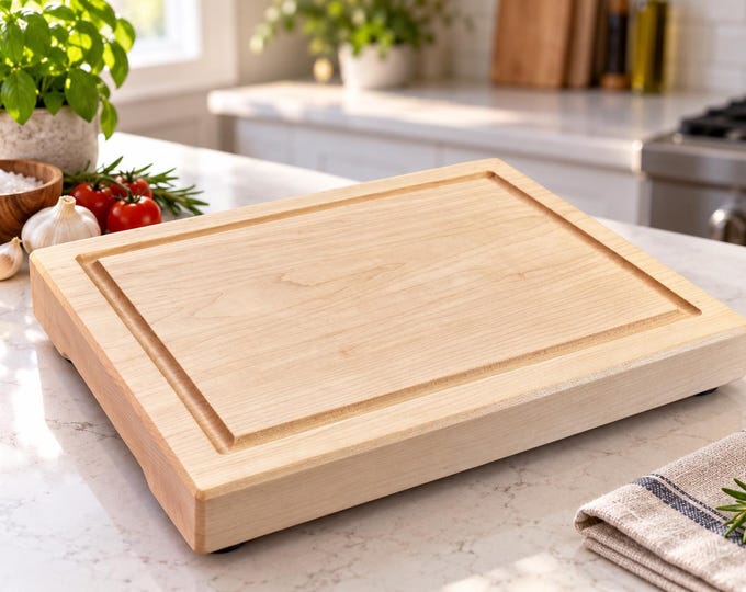 One Piece Hard Maple Cutting Board, 1-3/4” Thick, Rubber Feet, Optional Juice Groove