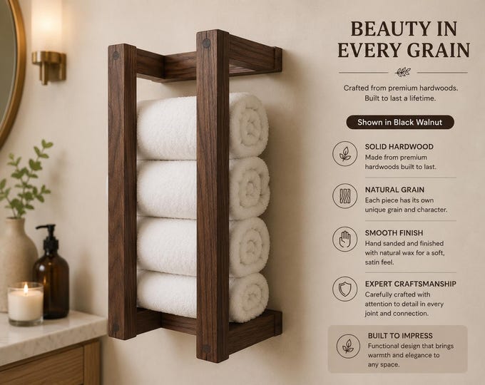 Wooden Towel Rack Wall Mounted, Floating Towel Shelf, Solid Wood Bathroom Towel Storage, Farmhouse Bathroom Organizer, Spa Decor