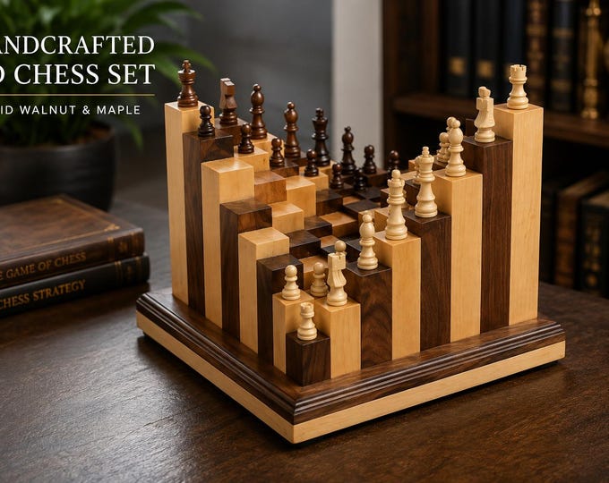3D Wooden Chess Set, Walnut & Maple Chess Board, Handmade Luxury Chess Set, Unique Gift for Him, Solid Hardwood Chess Board