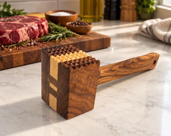 Wooden Meat Tenderizer Mallet, Handmade Walnut Maple Meat Pounder, Zebrawood Handle, Steak Hammer, BBQ Gift for Him