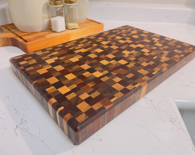 Chaotic Pattern End Grain Cutting Board | Exotic Hardwood Butcher Block | Handmade Professional Chopping Board with Rubber Feet(Free Add-on)