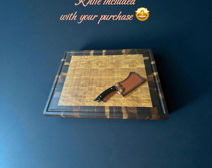 Walnut and White Oak Chopping Block Custom End Grain Cutting Board with Golden, Black or Silver Feet. Knife Included.