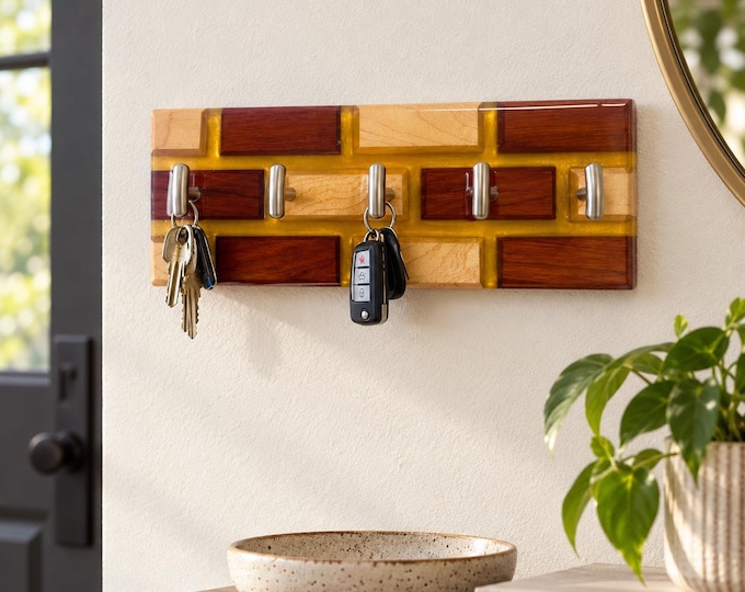 Wood & Gold Epoxy Key Holder, Maple Jatoba Wall Key Rack, Brick Pattern Entryway Organizer