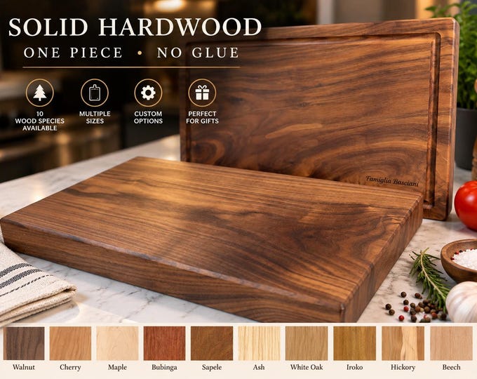 Solid Hardwood Cutting Board, One Piece No Glue, Walnut Sapele White Oak & More, Handmade
