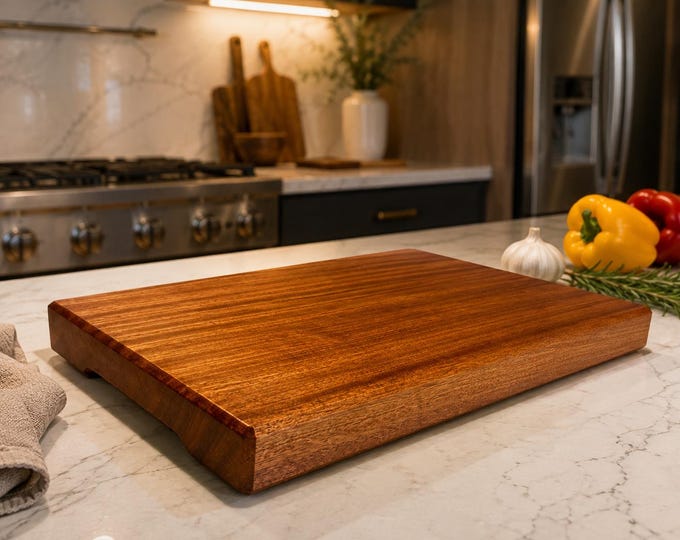Solid Sapele Cutting Board, Single Piece Wood, Juice Groove, Rubber Feet, Custom Size