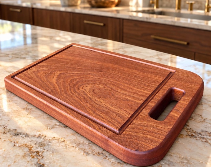 Extra Large Sapele Cutting Board with Handle, One-Piece Solid Wood, 1.75" Thick, Optional Juice Groove