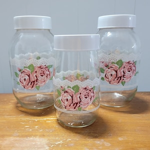 Pink Rose and White Lace, Kitchen, Countertop Storage Canister Set 1.5L & 3L by Carlton Glass