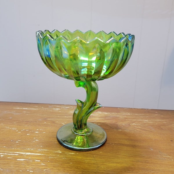 Plato de compota de flor de loto, vaso de carnaval verde, Indiana Glass Company