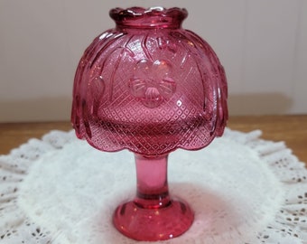 Indiana Glass, Cranberry Fairy Light, Floral Motif, Two Piece Candle Lamp, Votive or Tea Light