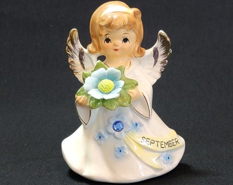 Lefton September Birthday Angel, Sapphire Rhinestone Birthstone, Blue Aster Birth Flower