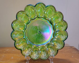 verre Indiana vintage, plat d'oeufs diaboliques, verre carnaval vert irisé, motif clous de chevet, assiette oeuf et relish - Excellent état.