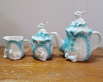 Vintage Cyan Blue and White, Bunny Rabbit and Cabbage Ceramic Tea Pot, Creamer and Sugar Set - Excellent Condition