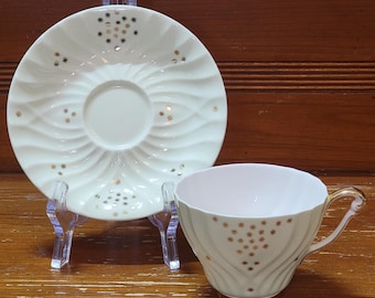 Queen Anne, Stars Tea Cup and Saucer, Pattern 5317, Pale Green with Gold Stars
