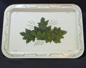 Vintage metalen rolluik, tv-blad met inklapbare poten, groen blad, fruit-/groentemotief