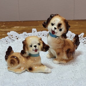 Anthropomorphic Spaniel Sitting and Laying Puppy Dog Salt and Pepper Shaker Set