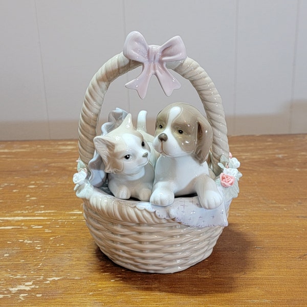 Vintage Porcelain Puppy & Kitten in a Basket - Excellent Condition