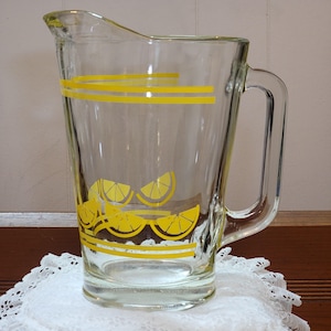 Vintage Lemonade Pitcher with Yellow Bands, Made in Mexico, HEAVY