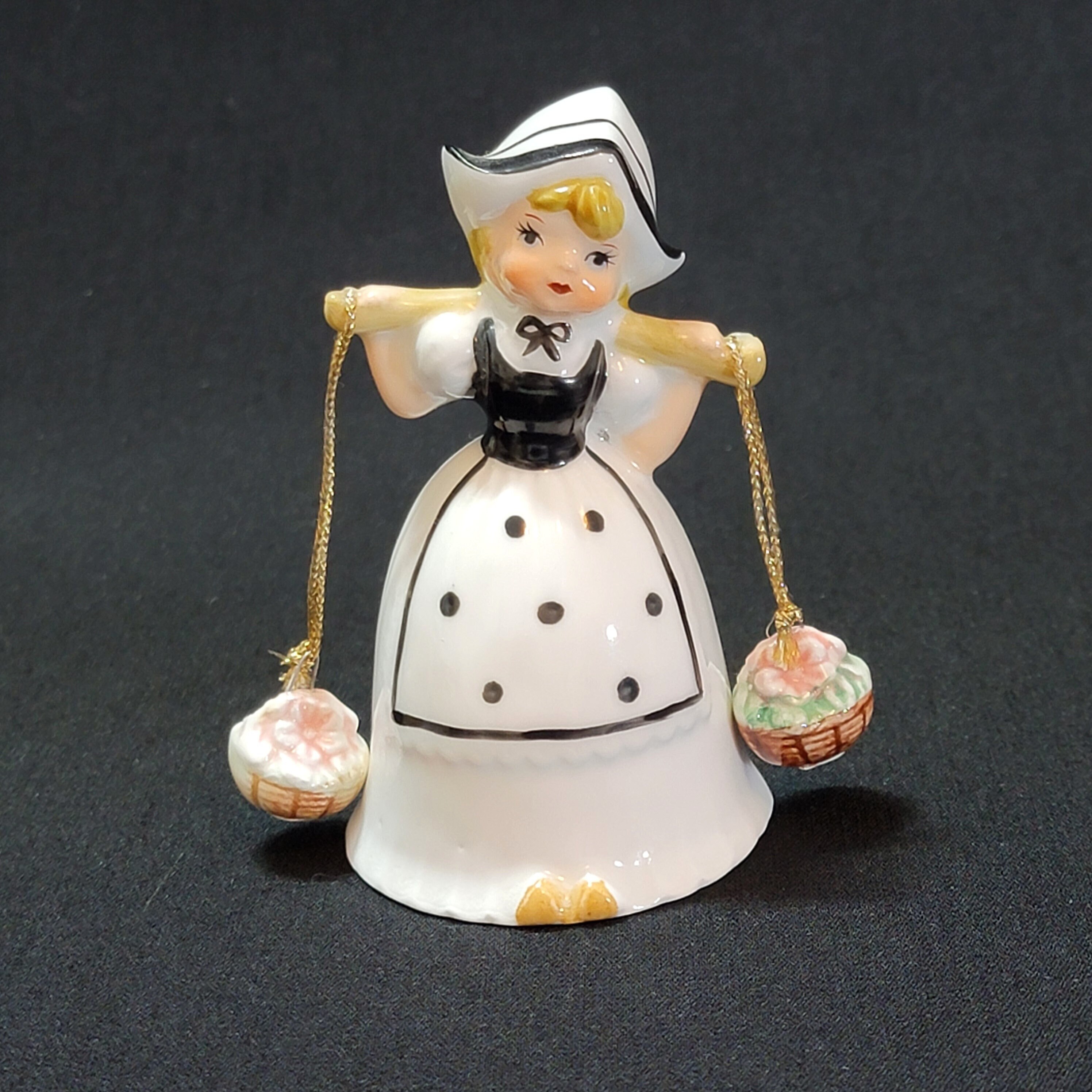 Vintage Dutch Girl Bone China Bell with Flower Basket Clappers, Black and White by Giftcraft Taiwan