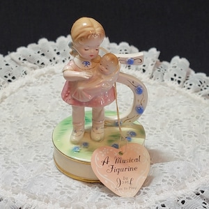 HTF Josef Originals "A Musical Figurine" Little Girl with Baby Doll, Plays "Happy Birthday" Song, 5th Birthday