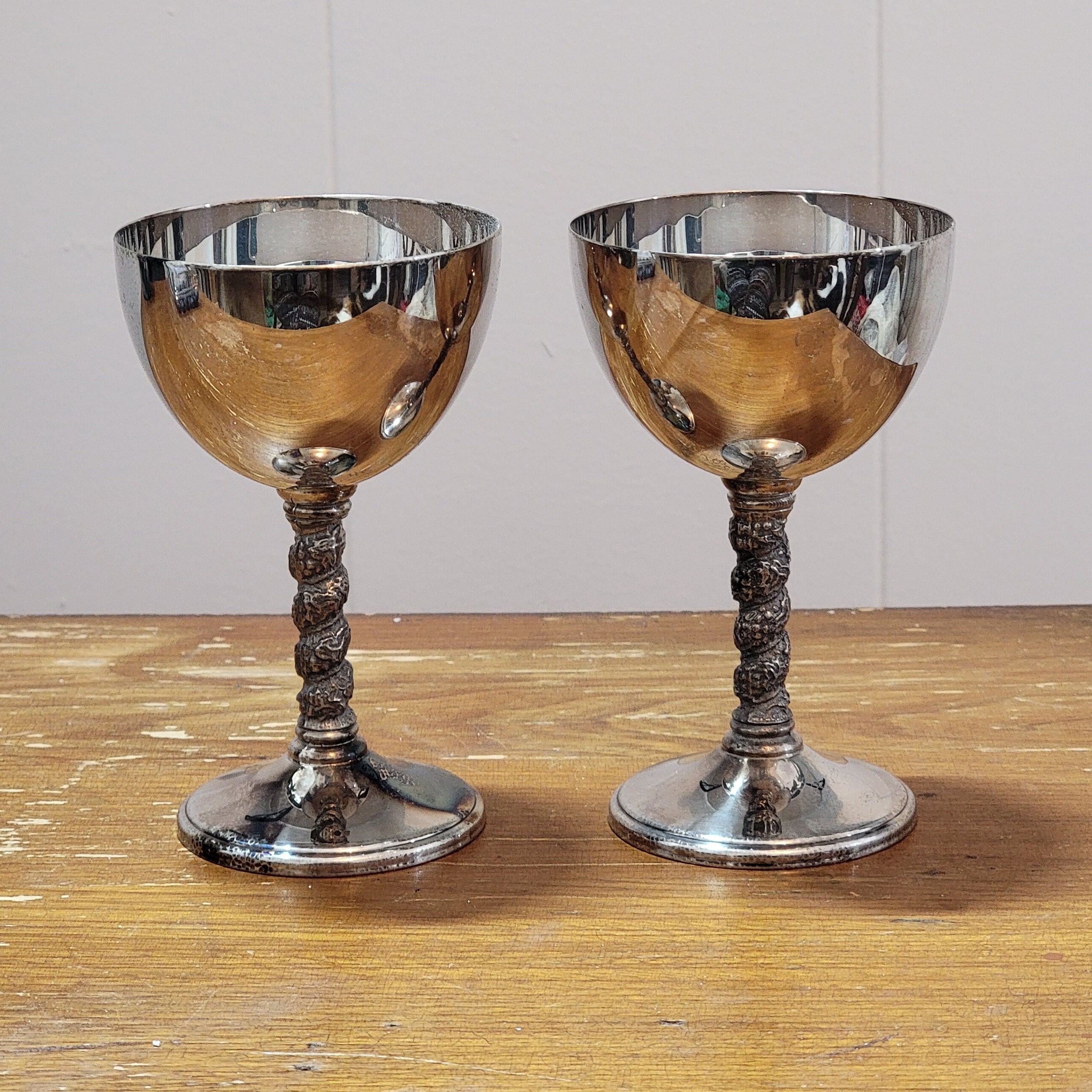 Vintage Set of 2 Solid Brass With Silver Plate Goblets Patina Wine Glasses  Cups