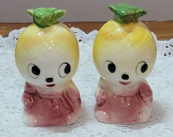 Anthropomorphic Pineapple, Melon Head Kid Salt and Pepper Shaker Set, Kitschy