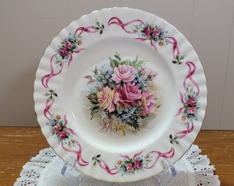 Royal Albert &quot;Happy Birthday&quot; 8.25&quot; Salad Plate, Second Edition - Moss Rose Floral Bouquet, Bone China Plate, Gift - Mint Condition