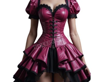 Vestido de corsé gótico de cuero auténtico / Disfraz de Halloween estilo steampunk burdeos / Traje de cosplay de vampiro con mangas abullonadas / Moda witchcore