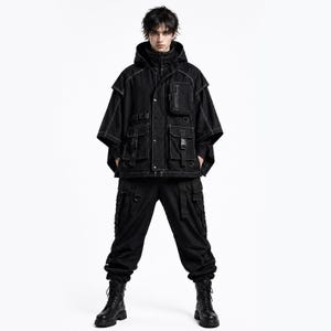 Cyberpunk Cargo Outfit Set, Svart Bomull Techwear Jacka med Byxor, Gotisk Taktisk Streetwear för Herr och Dam