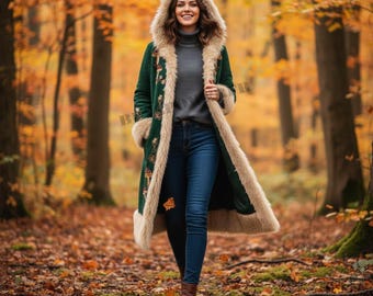 Klasyczny płaszcz Penny Lane dla kobiet | Kurtka afgańska z kapturem ze sztucznego kożucha | Haftowane futro boho z zamszu w stylu lat 70. na festiwal zimowy