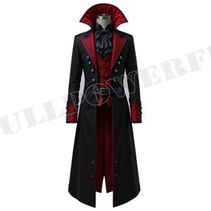Gothic Vampire Trench Coat for Unisex Victorian Steampunk Cosplay Jacket, Dracula Halloween Costume, Black & Red