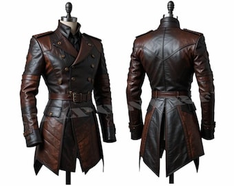 May include: A two-tone brown and black leather coat with a double-breasted design. The coat features a belt, multiple buttons, and a unique split-tail design. The coat is displayed on a mannequin.