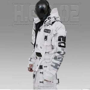 Chaqueta técnica ciberpunk blanca: sudadera táctica impermeable con capucha, abrigo futurista