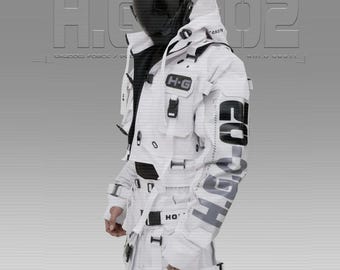 Chaqueta técnica ciberpunk blanca: sudadera táctica impermeable con capucha, abrigo futurista