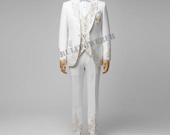 Men’s Gothic Wedding Coat | White Embroidered Suit Jacket | Victorian Formal Long Coat | Groom Outfit | Christmas Gift for Him