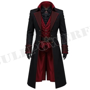 Gothic Victorian Steampunk, Red & Black Long Trench Coat, Vampire Cosplay Real Leather, Festival Wear Vampire Coat, Asymmetrical Outfit