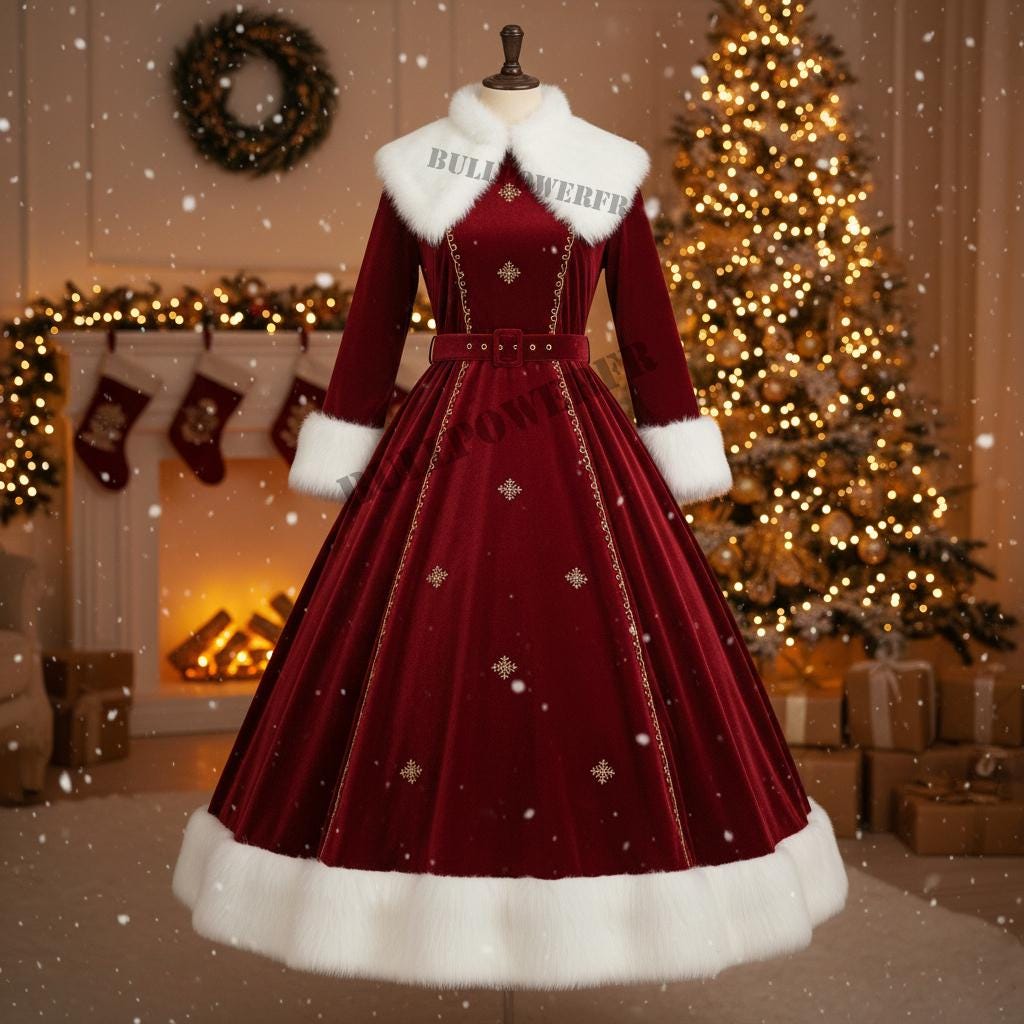 Women’s Velvet Dress – Christmas Gown Santa – Holiday Fur Trim Costume ...