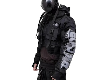 Giacca Cyberpunk Techwear: stile armatura futuristica, dettagli riflettenti