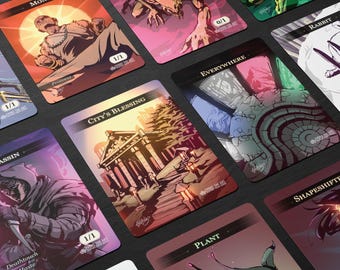 May include: A collection of fantasy art trading cards with various illustrations. The cards feature images of an assassin, a rabbit, and other fantastical creatures. Each card has a title and a power level indicator.