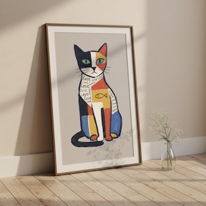 Colorful Abstract Cat Art Print Modern Animal Poster Cubist Pet Wall Art Digital Download
