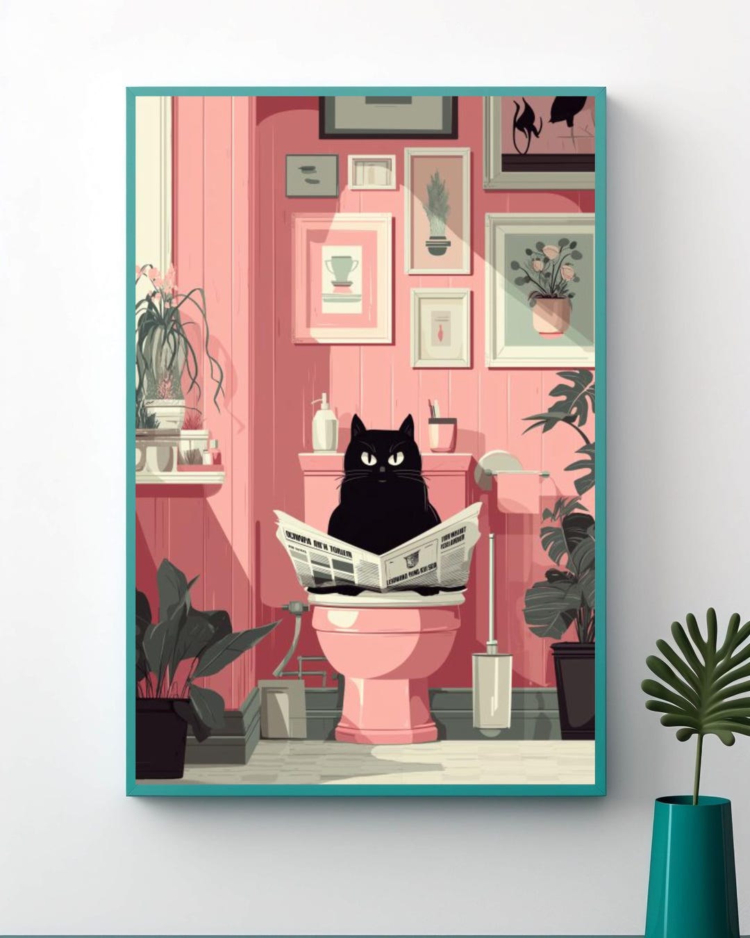 Funny Bathroom Cat Poster – Black Cat Reading Newspaper Wall Art ...