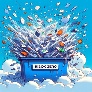 Puede incluir: Un contenedor azul con el texto "INBOX ZERO" en la parte delantera, desbordando de sobres de papel de colores. El contenedor está sentado en una nube blanca con un cielo azul en el fondo.