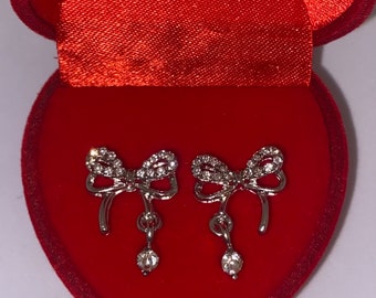 Silver Diamanté Dangle Bow Earrings