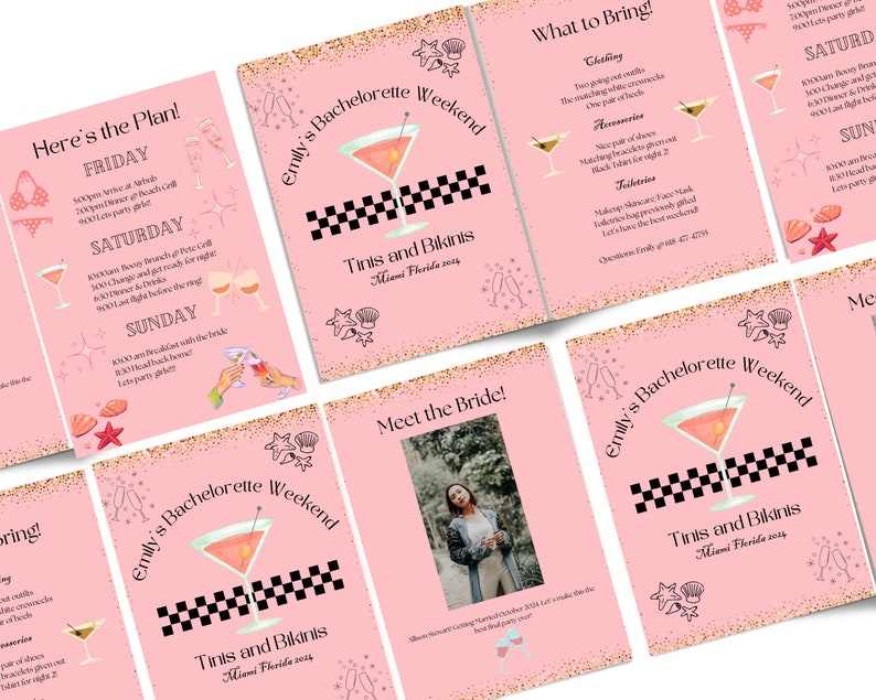 Tinis and Bikinis Bachelorette Invite and Itinerary, Custom