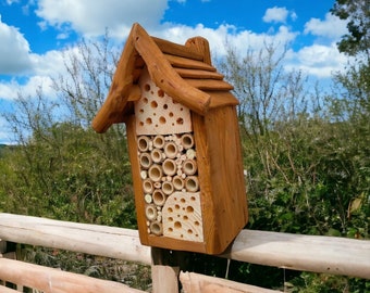 Mason BEE HOUSE, Hotel Habitat for Wild Bees Insects Bugs | bee-safe houses for solitary, mason, leafcutter bees | Rustic Garden Decoration