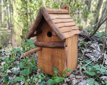 Nichoir en bois petits oiseaux moineaux, mésanges bleues, merles, chardonnerets - Nichoir rustique artisanal, décoration de jardin, fabriqué en Pologne