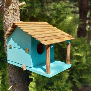 Blue turquoise SQUIRREL BOX | Handmade large retro stained wooden House for Wild Squirrels