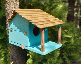 SQUIRREL BOX bleu fabriqué à la main pour écureuils sauvages | Maison en bois rustique | Cadeau pour parents, papa, grand-mère, grand-père, anniversaire, Noël